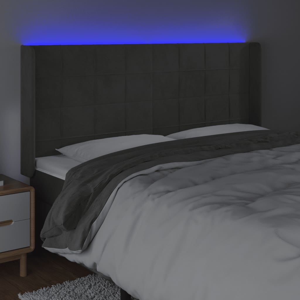 Tăblie de pat cu LED, gri închis, 203x16x118/128 cm, catifea - Lando