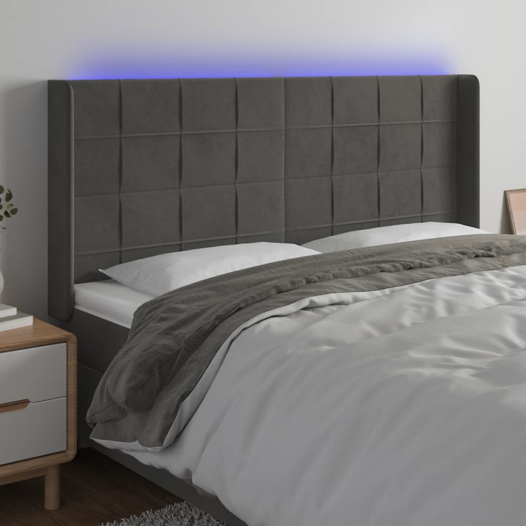 Tăblie de pat cu LED, gri închis, 203x16x118/128 cm, catifea - Lando