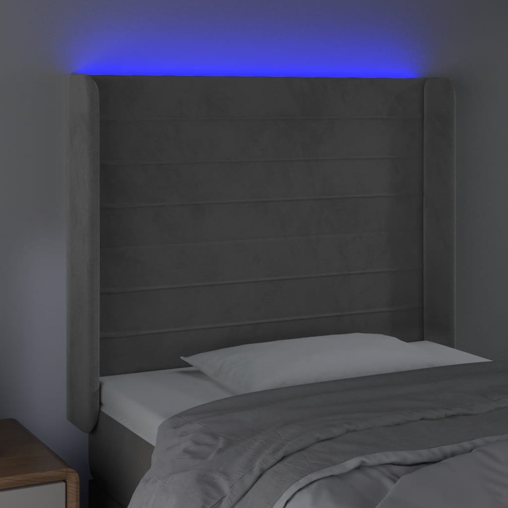 Tăblie de pat cu LED, gri deschis, 103x16x118/128 cm, catifea - Lando
