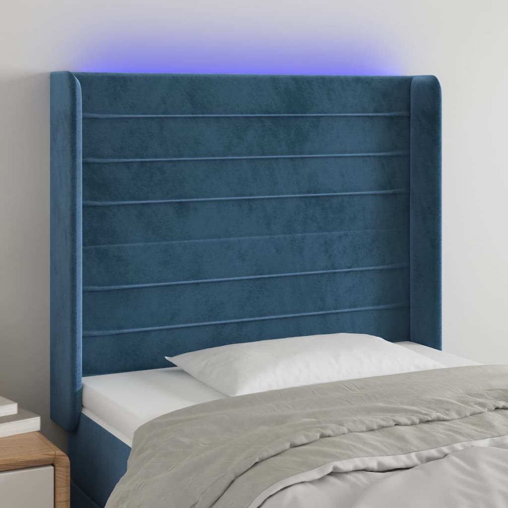 Tăblie de pat cu LED, albastru închis, 103x16x118/128cm catifea - Lando