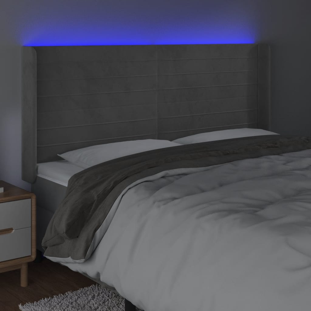 Tăblie de pat cu LED, gri deschis, 203x16x118/128 cm, catifea - Lando