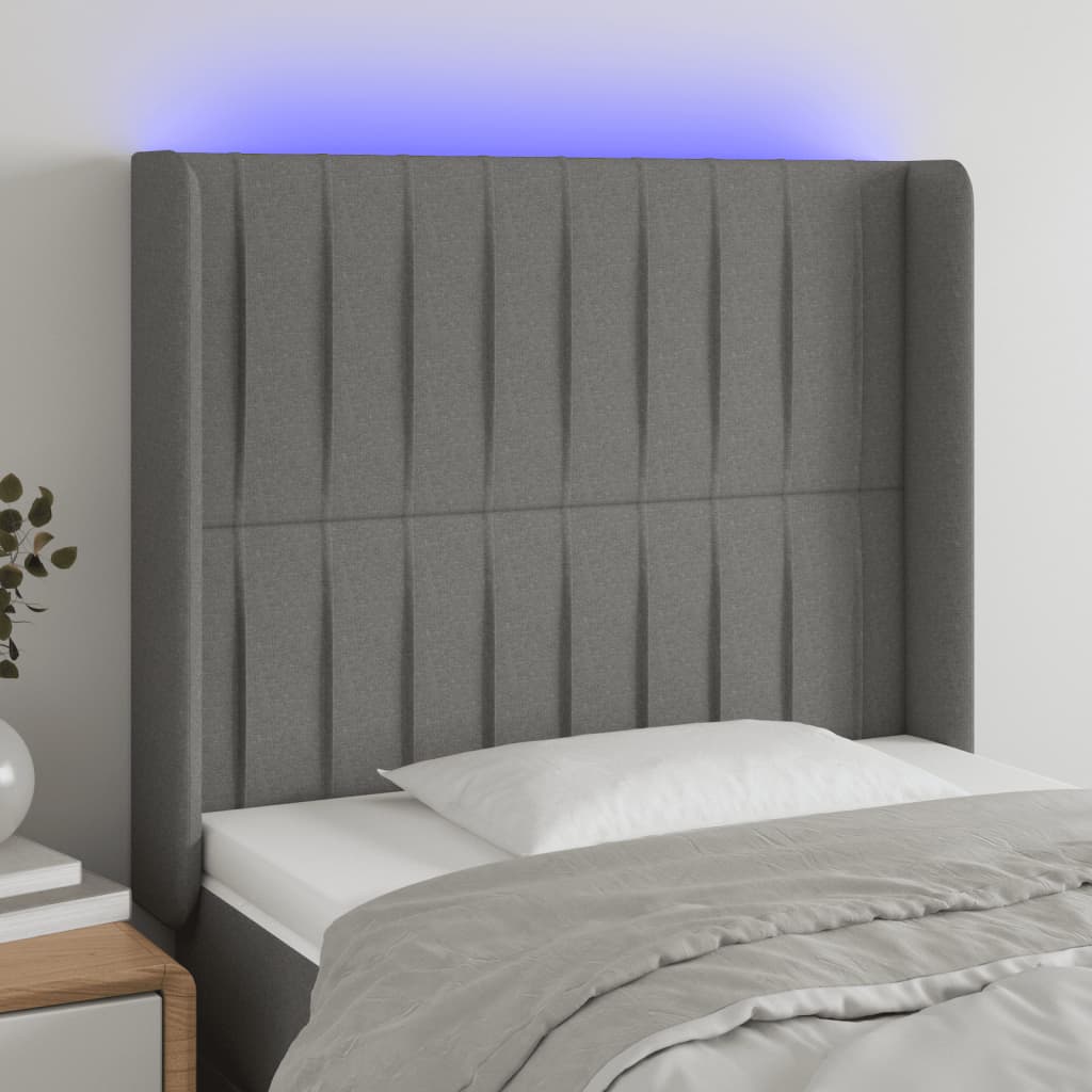 Tăblie de pat cu LED, gri închis, 103x16x118/128 cm, textil - Lando