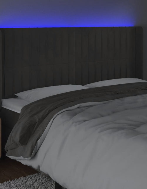 Încărcați imaginea în vizualizatorul Galerie, Tăblie de pat cu LED, gri închis, 163x16x118/128 cm, catifea - Lando
