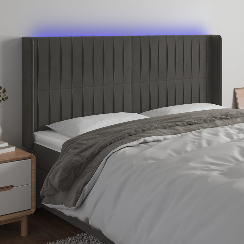 Tăblie de pat cu LED, gri închis, 163x16x118/128 cm, catifea - Lando
