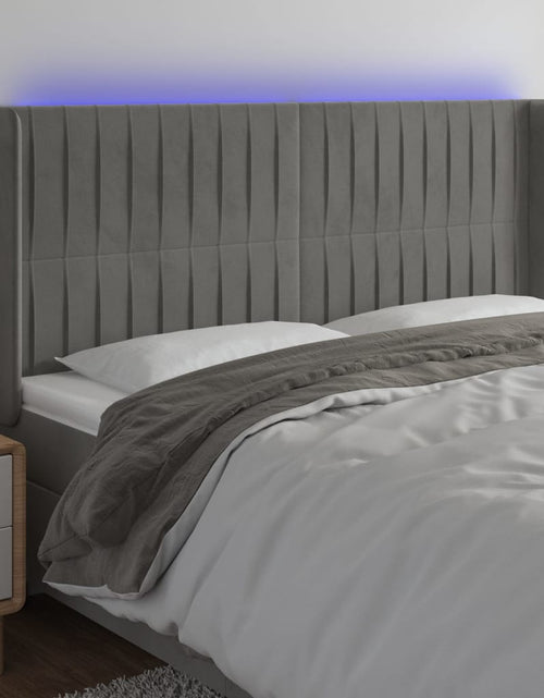 Încărcați imaginea în vizualizatorul Galerie, Tăblie de pat cu LED, gri deschis, 203x16x118/128 cm, catifea - Lando
