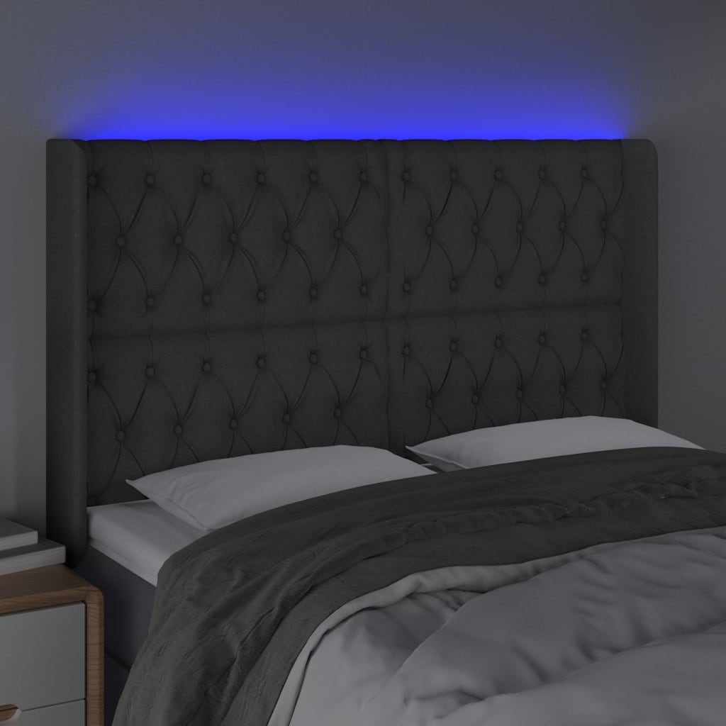 Tăblie de pat cu LED, gri închis, 147x16x118/128 cm, textil - Lando