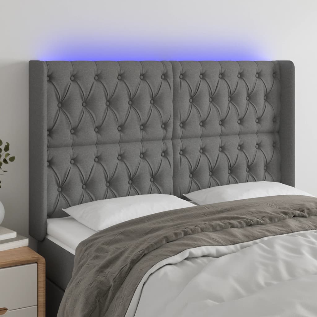 Tăblie de pat cu LED, gri închis, 147x16x118/128 cm, textil - Lando