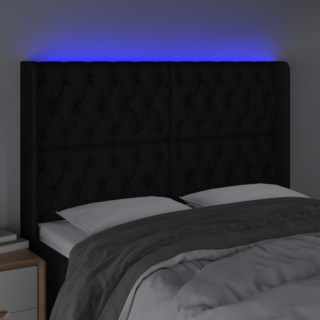 Tăblie de pat cu LED, negru, 147x16x118/128 cm, textil - Lando