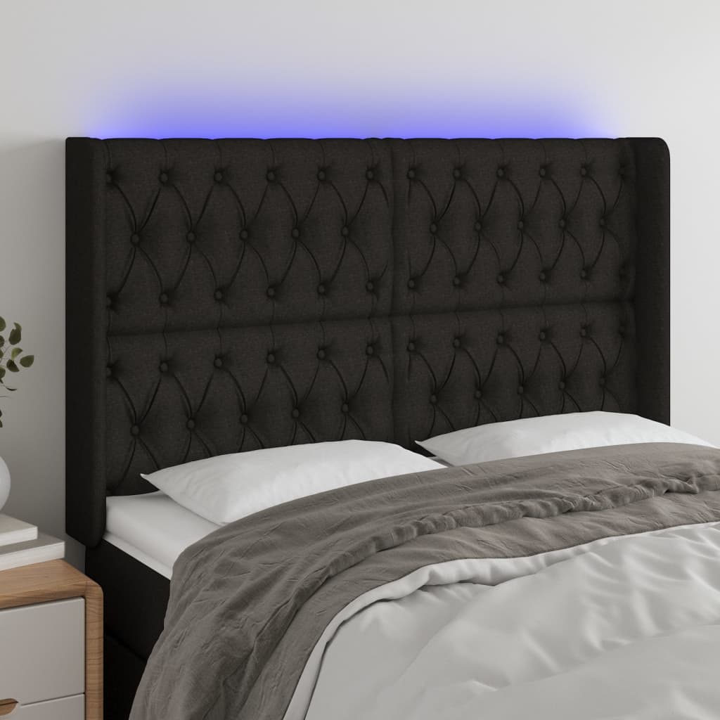 Tăblie de pat cu LED, negru, 163x16x118/128 cm, textil - Lando