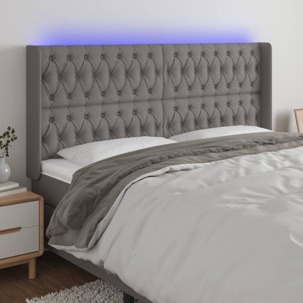 Tăblie de pat cu LED, gri închis, 183x16x118/128 cm, textil - Lando