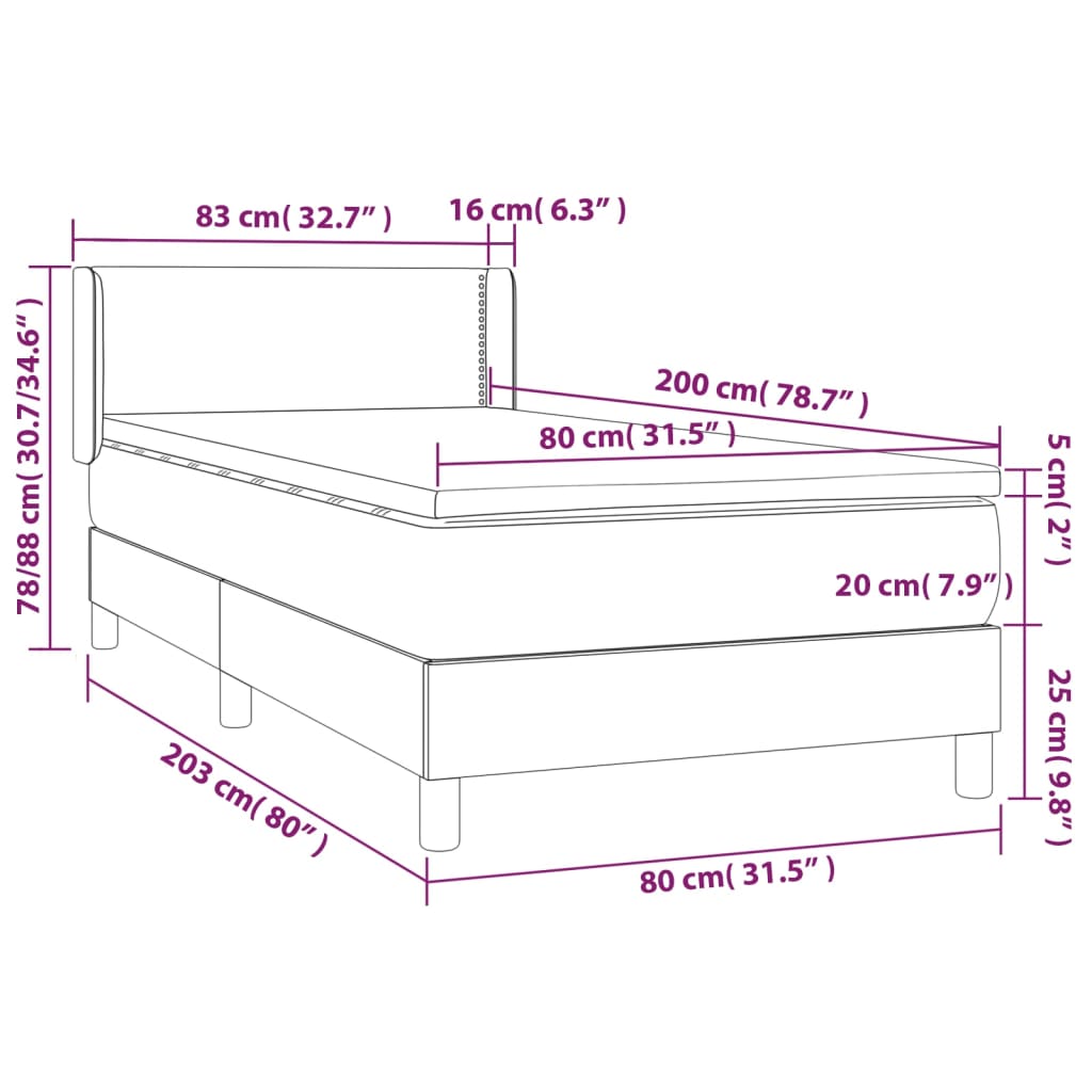 Pat box spring cu saltea, gri închis, 80x200 cm, textil - Lando