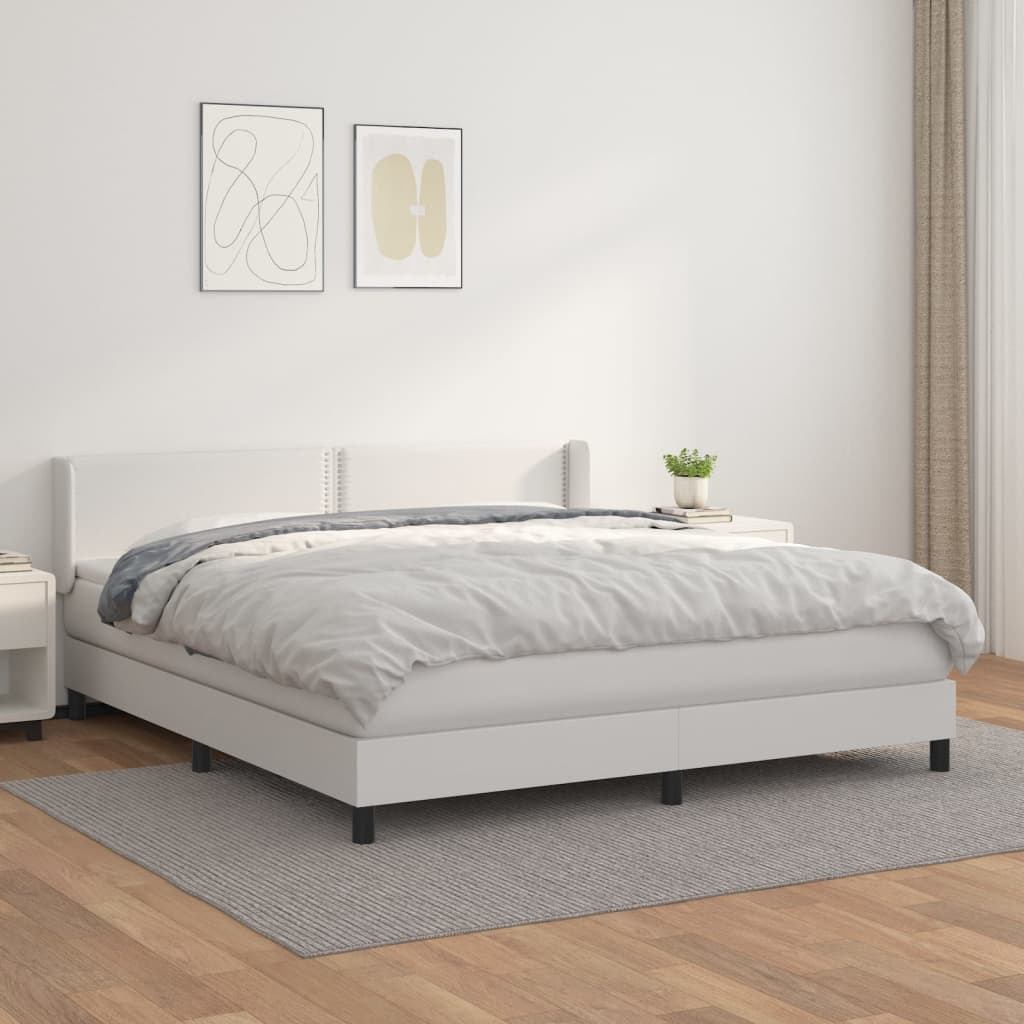 Pat box spring cu saltea, alb, 160x200 cm, piele ecologică - Lando