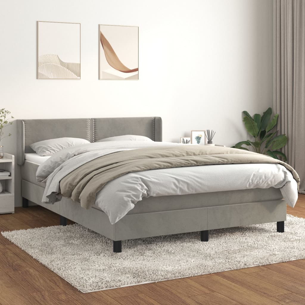 Pat box spring cu saltea, gri deschis, 140x190 cm, catifea - Lando