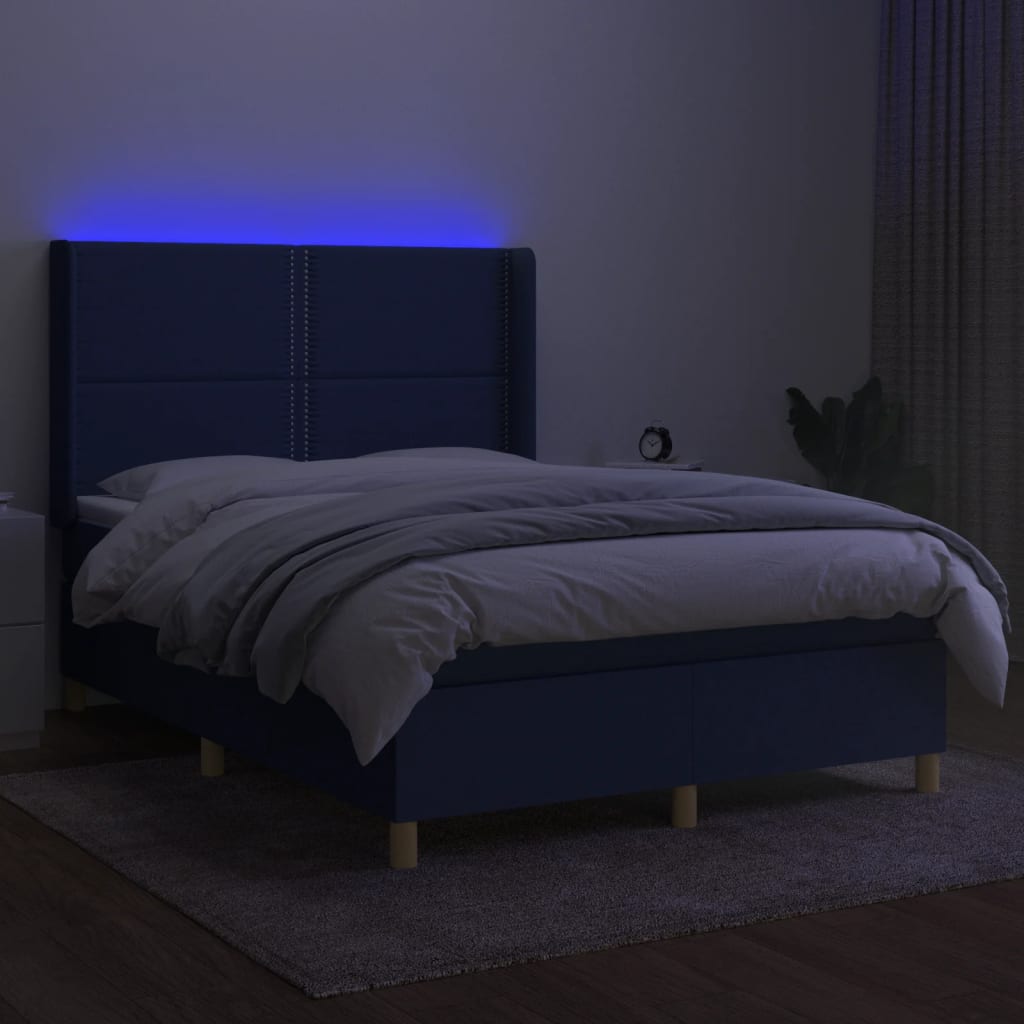 Pat cu arcuri, saltea și LED, albastru, 140x200 cm, textil - Lando