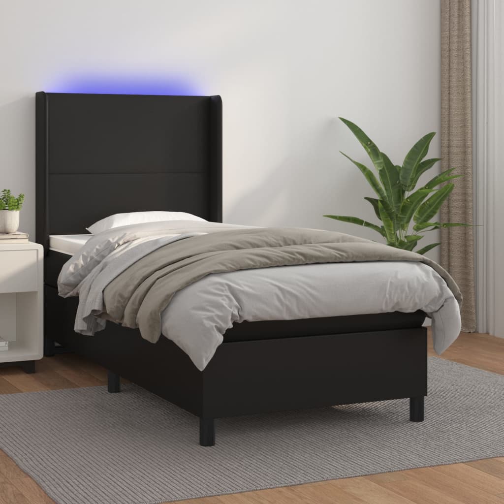 Pat cu arcuri, saltea și LED, negru, 90x190 cm, piele ecologică - Lando