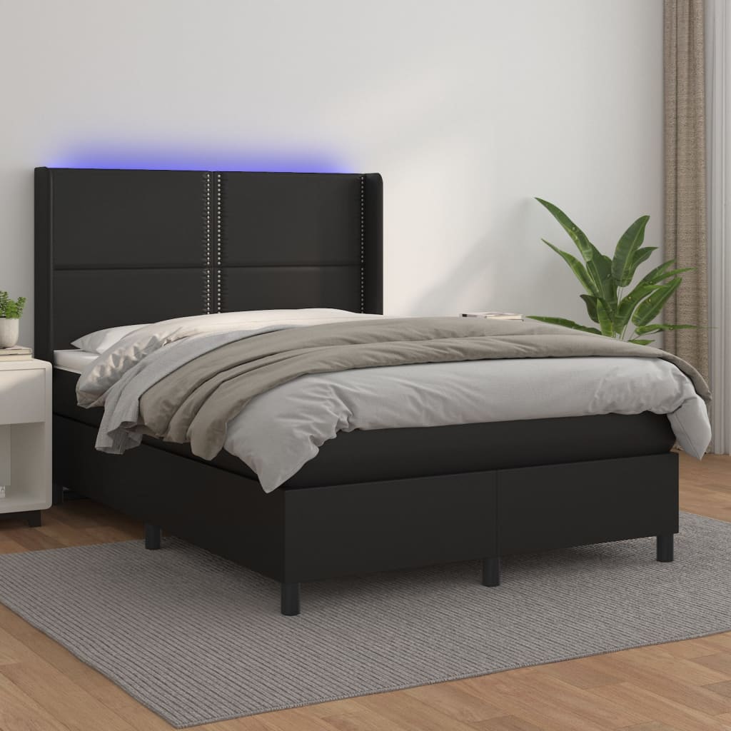 Pat box spring cu saltea, negru, 140x190 cm, piele ecologică - Lando