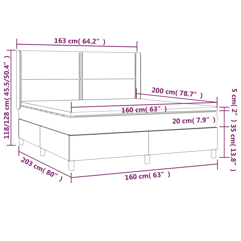 Pat cu arcuri, saltea și LED, gri, 160x200 cm, piele ecologică - Lando