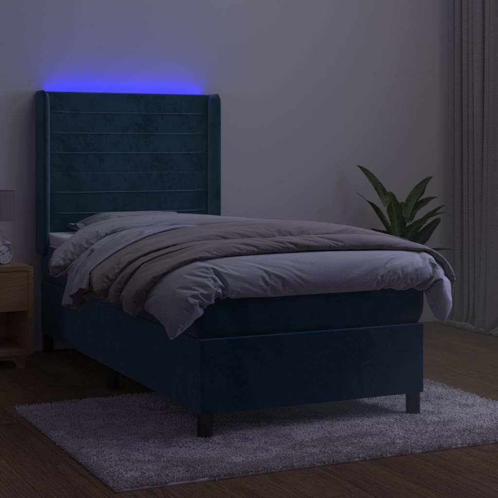 Pat cu arcuri, saltea și LED, bleumarin, 100x200 cm, catifea - Lando
