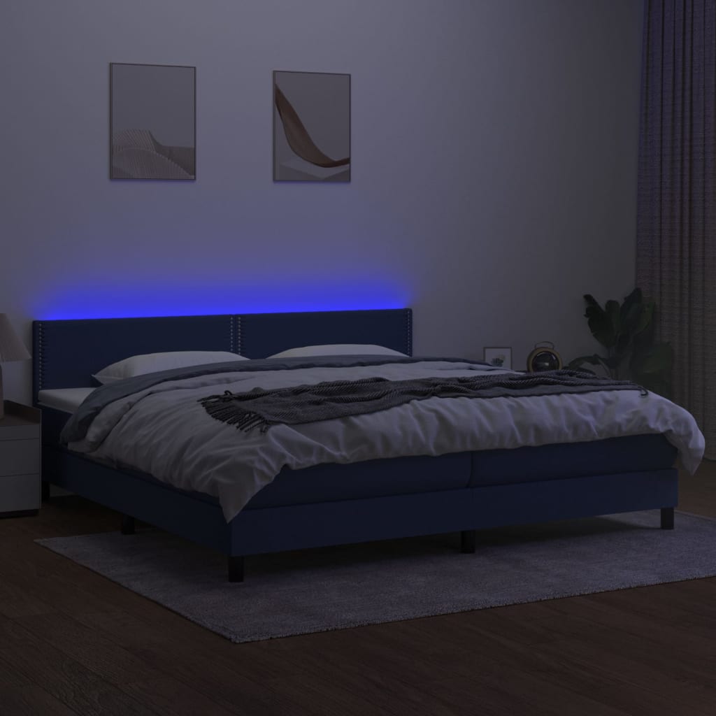 Pat cu arcuri, saltea și LED, albastru, 200x200 cm, textil - Lando