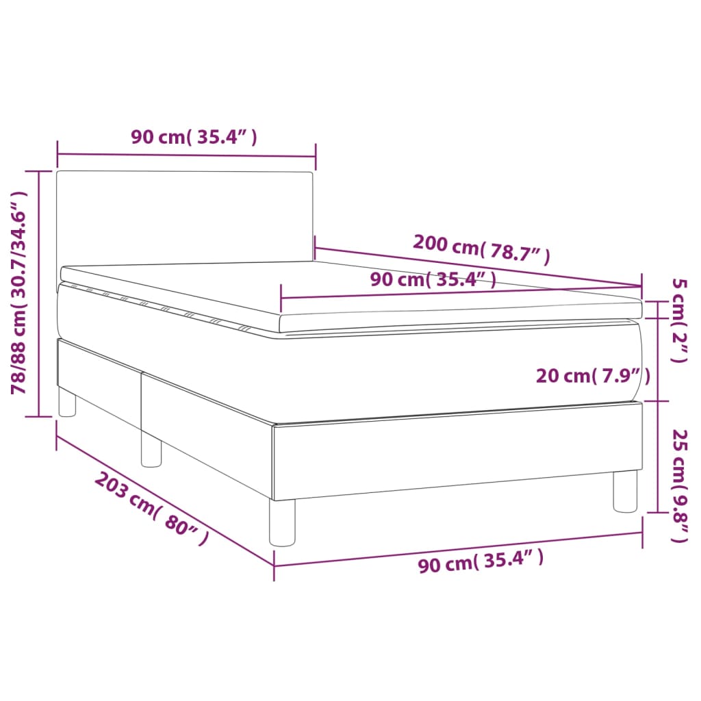 Pat continental cu saltea & LED, alb, 90x200 cm, piele eco - Lando