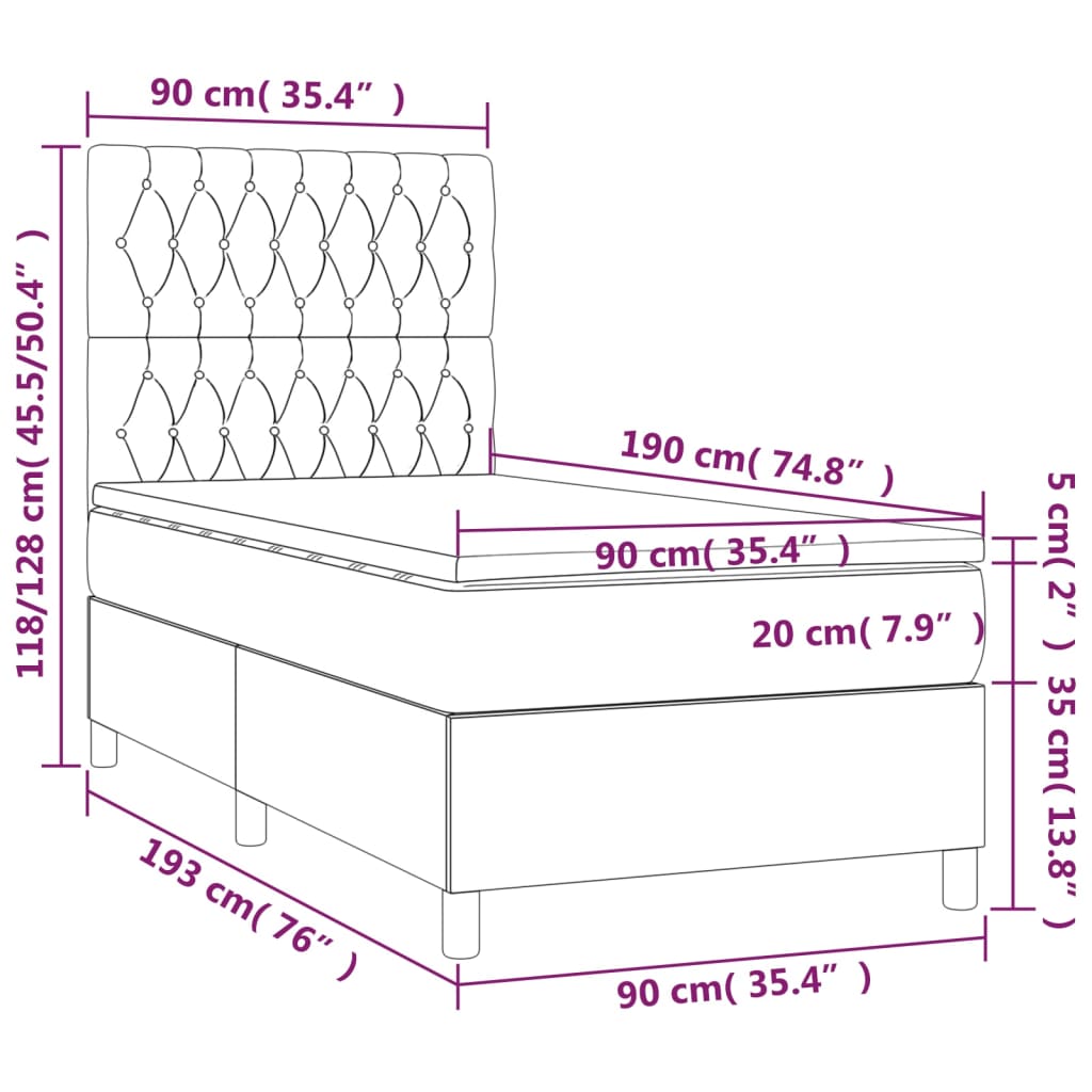 Pat cu arcuri, saltea și LED, negru, 90x190 cm, textil - Lando