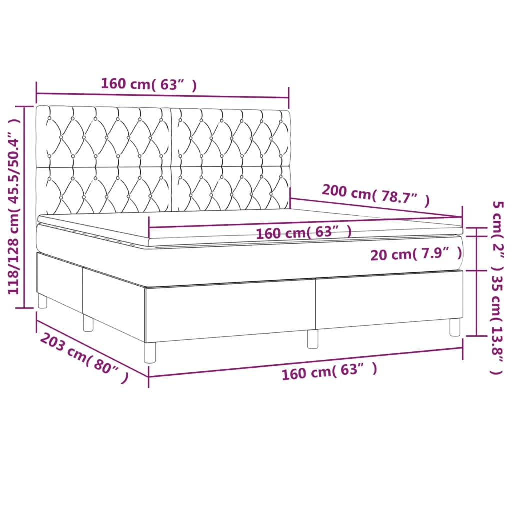 Pat cu arcuri, saltea și LED, gri închis, 160x200 cm, textil - Lando