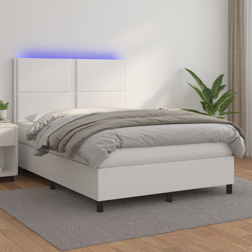 Pat box spring cu saltea, alb, 140x190 cm, piele ecologică - Lando