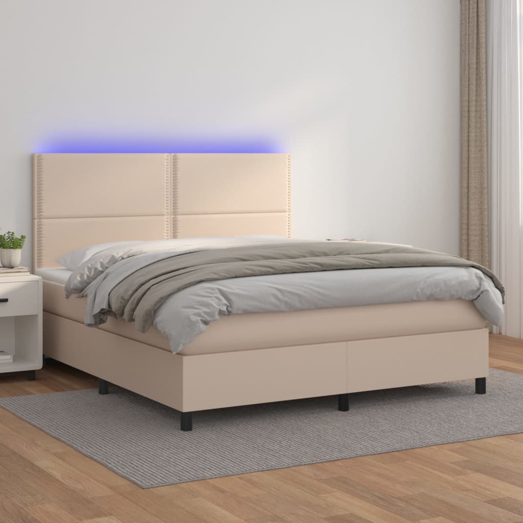 Pat cu arcuri, cu saltea și LED cappuccino 140x190 cm piele eco - Lando