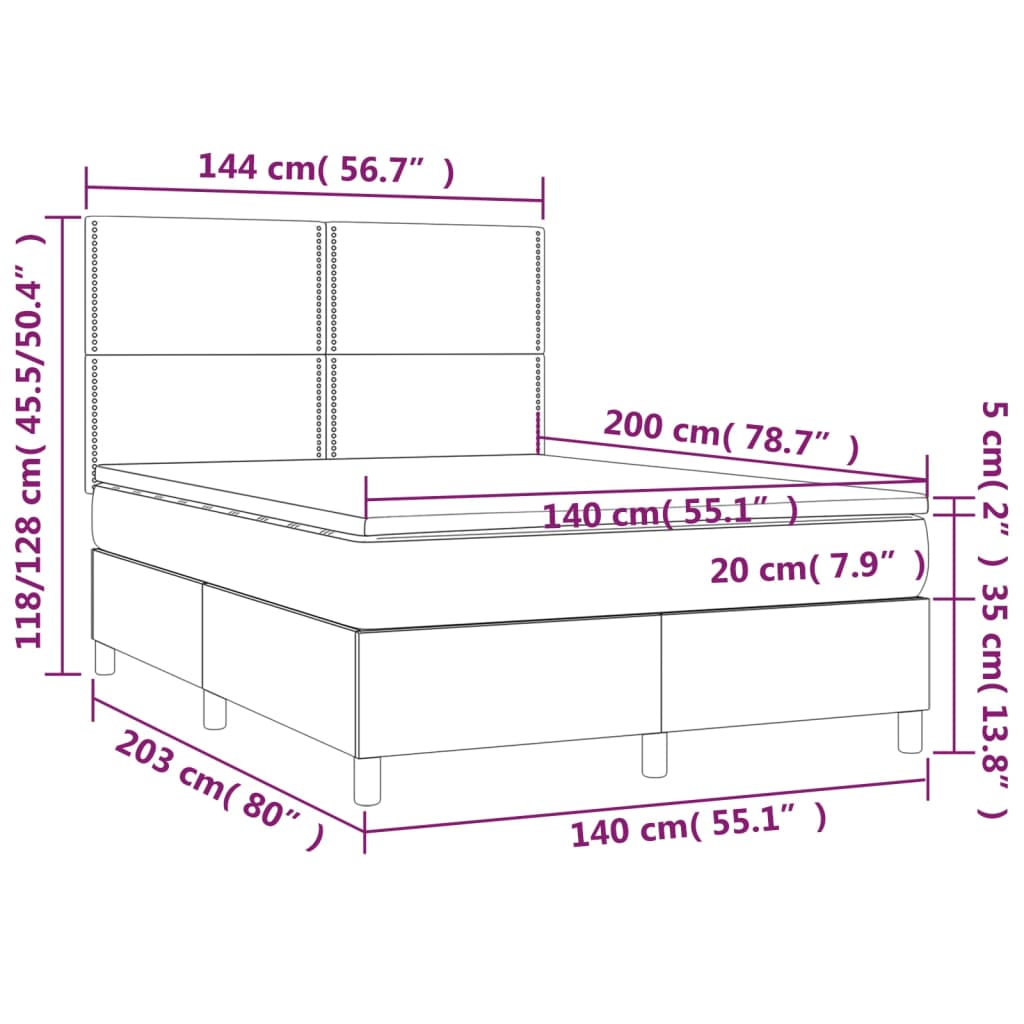 Pat cu arcuri, saltea și LED, alb, 140x200 cm, piele eco - Lando