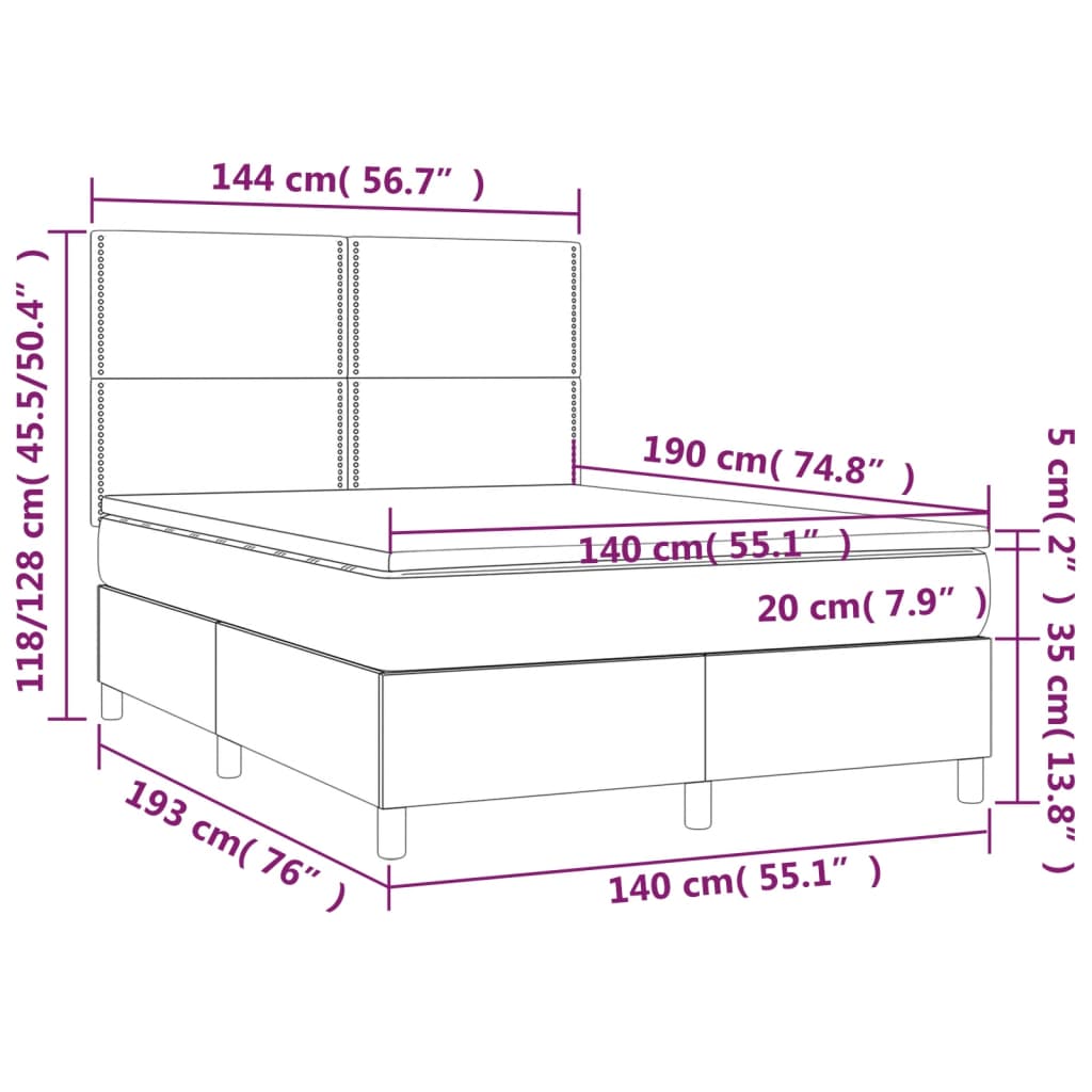 Pat continental cu saltea și LED gri deschis 140x190 cm catifea - Lando