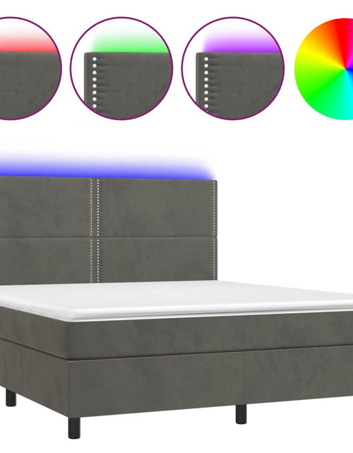 Загрузите изображение в средство просмотра галереи, Pat cu arcuri, saltea și LED, gri închis, 180x200 cm, catifea - Lando
