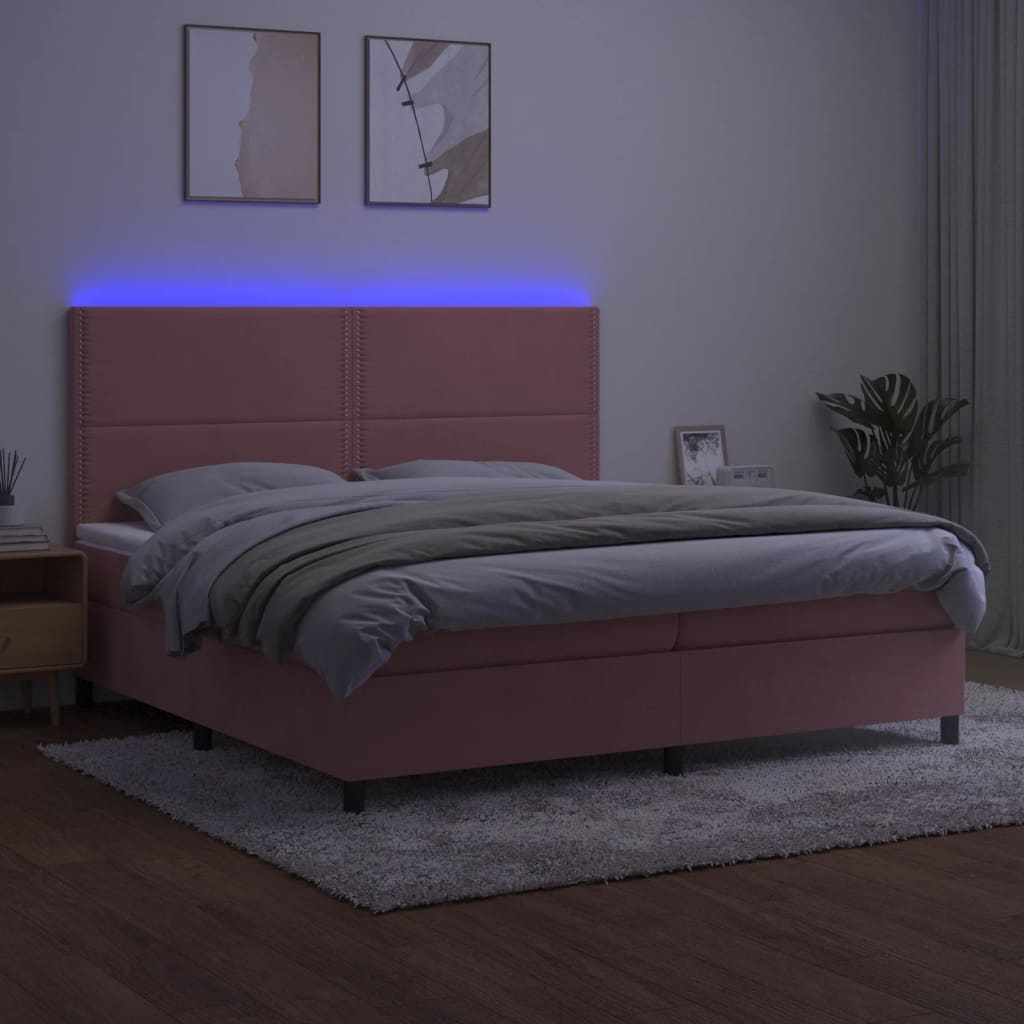 Pat continental cu saltea & LED, roz, 200x200 cm, catifea - Lando