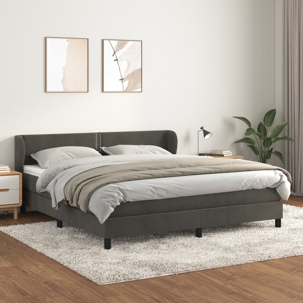 Pat box spring cu saltea, gri închis, 180x200 cm, catifea - Lando