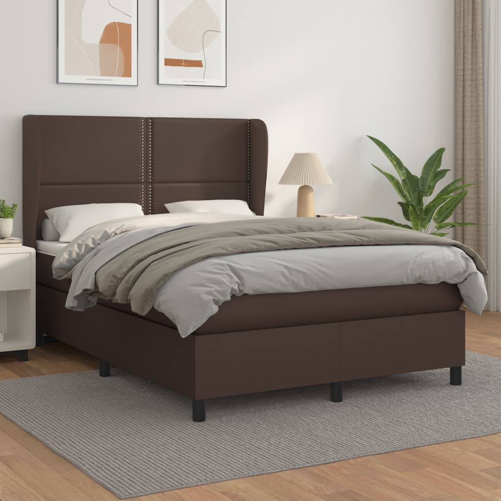 Pat box spring cu saltea, maro, 140x200 cm, piele ecologică - Lando