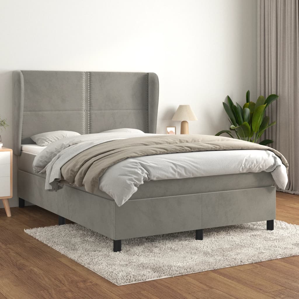 Pat box spring cu saltea, gri deschis, 140x190 cm, catifea - Lando