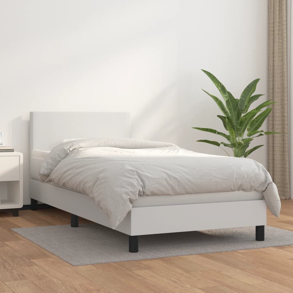 Pat box spring cu saltea, alb, 90x200 cm, piele ecologică - Lando