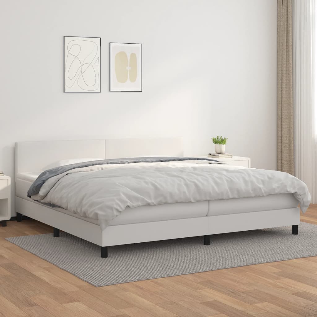 Pat box spring cu saltea, alb, 200x200 cm, piele ecologică - Lando