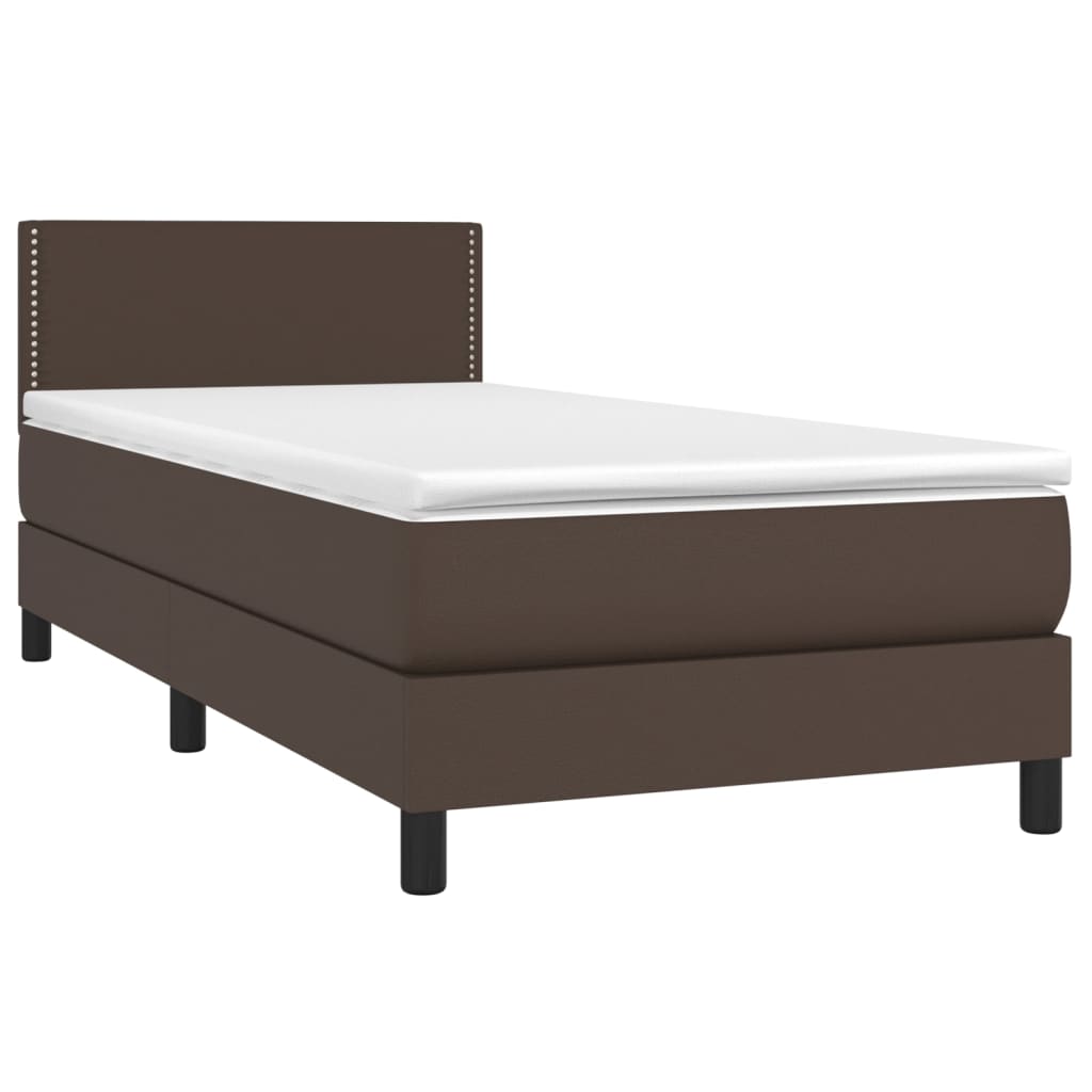 Pat box spring cu saltea, maro, 90x200 cm, piele ecologică - Lando