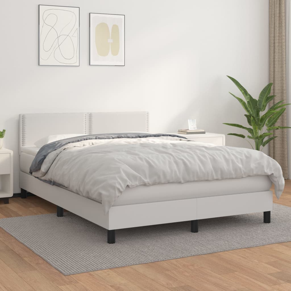 Pat box spring cu saltea, alb, 140x200 cm, piele ecologică - Lando