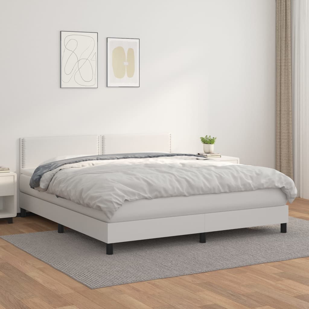 Pat box spring cu saltea, alb, 160x200 cm, piele ecologică - Lando