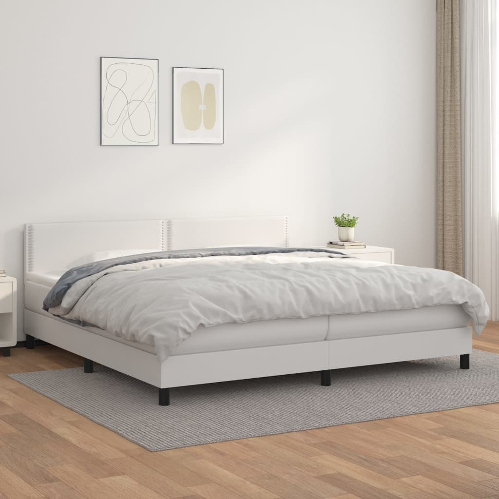 Pat box spring cu saltea, alb, 200x200 cm, piele ecologică - Lando