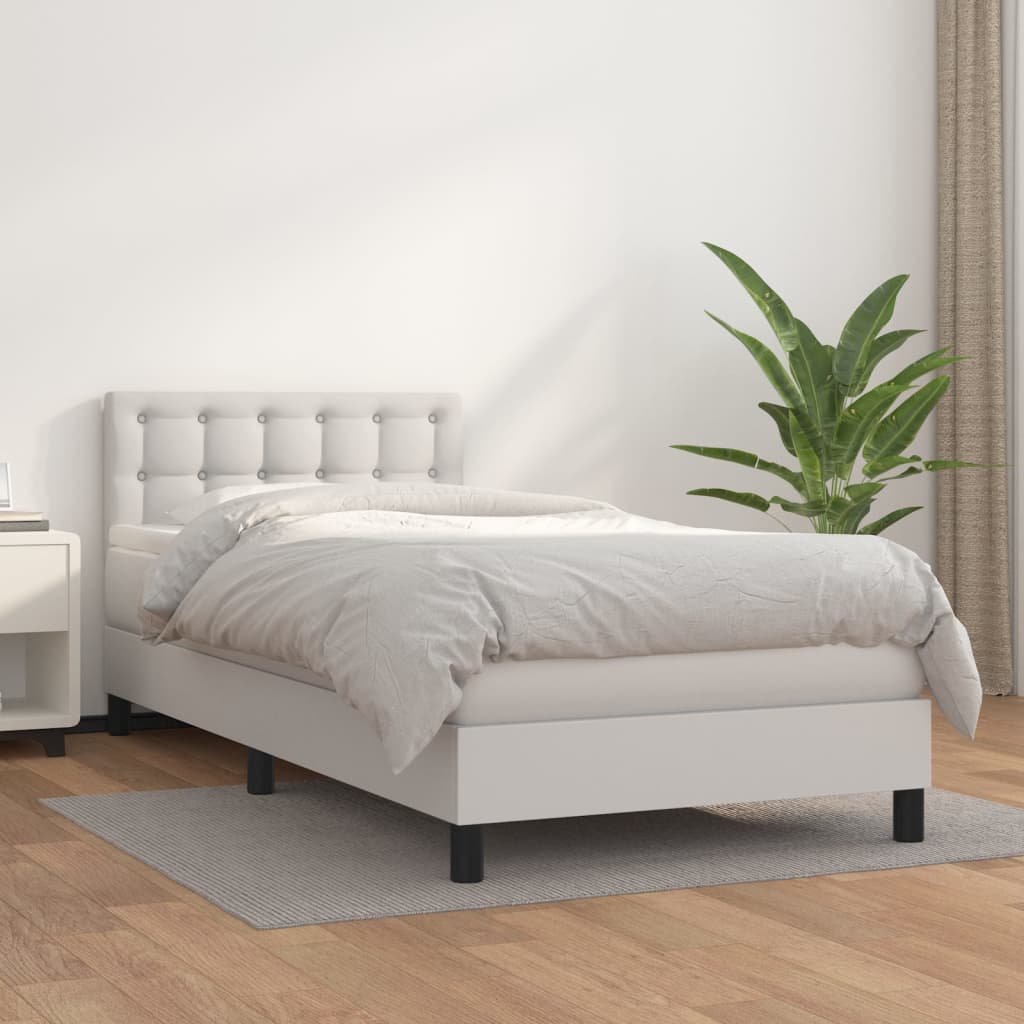 Pat box spring cu saltea, alb, 90x190 cm, piele ecologică - Lando