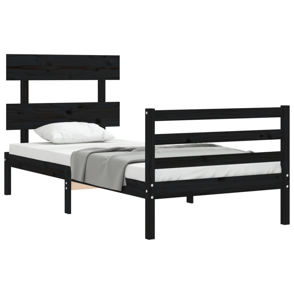 Cadru de pat cu tăblie, negru, 90x200 cm, lemn masiv - Lando