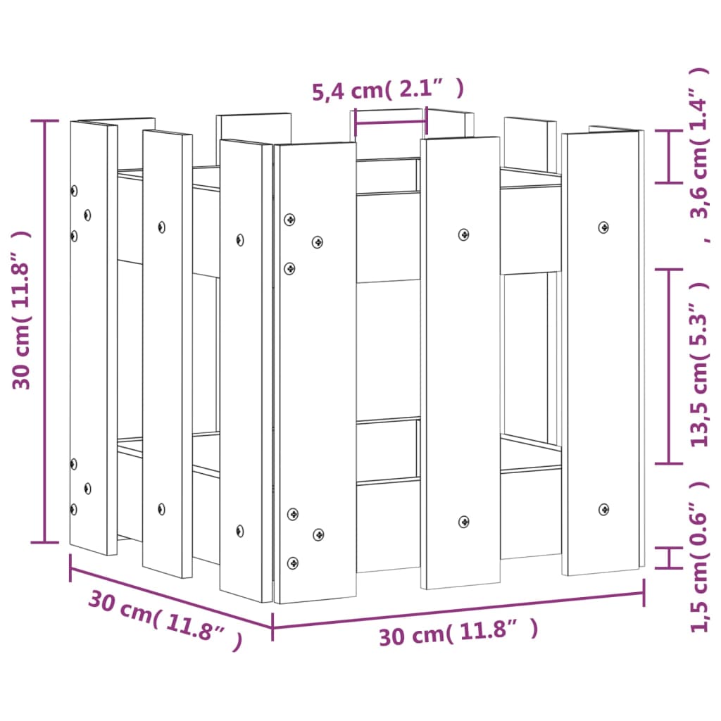 Jardinieră grădină design gard, 30x30x30 cm, lemn masiv de pin - Lando