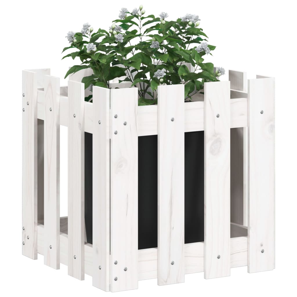 Jardinieră grădină design gard, alb, 40x40x40 cm lemn masiv pin - Lando