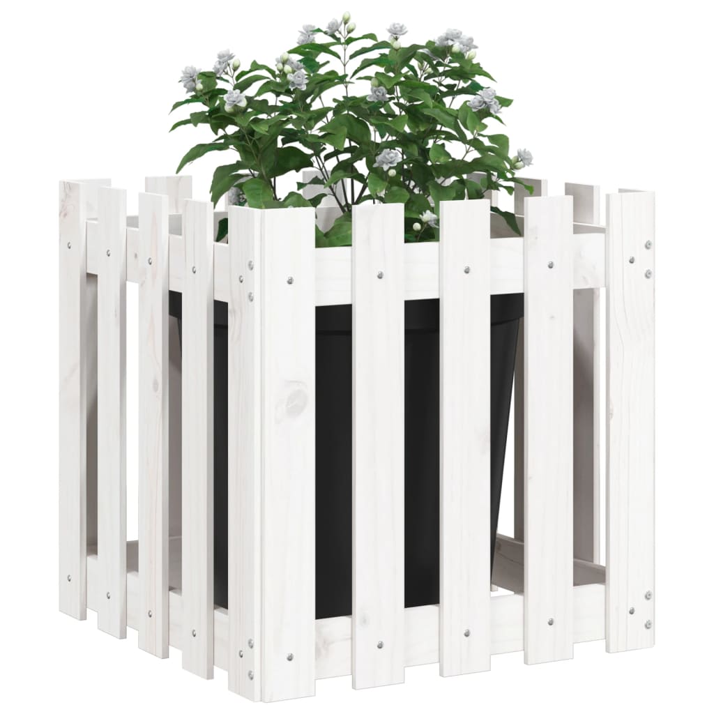 Jardinieră grădină design gard, alb, 50x50x50 cm lemn masiv pin - Lando