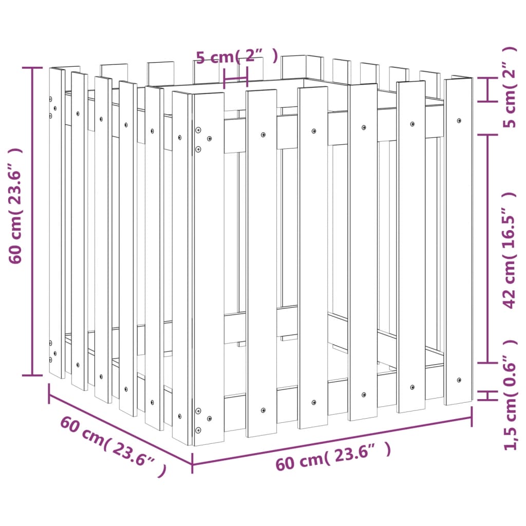 Jardinieră grădină design gard, alb, 60x60x60 cm lemn masiv pin - Lando