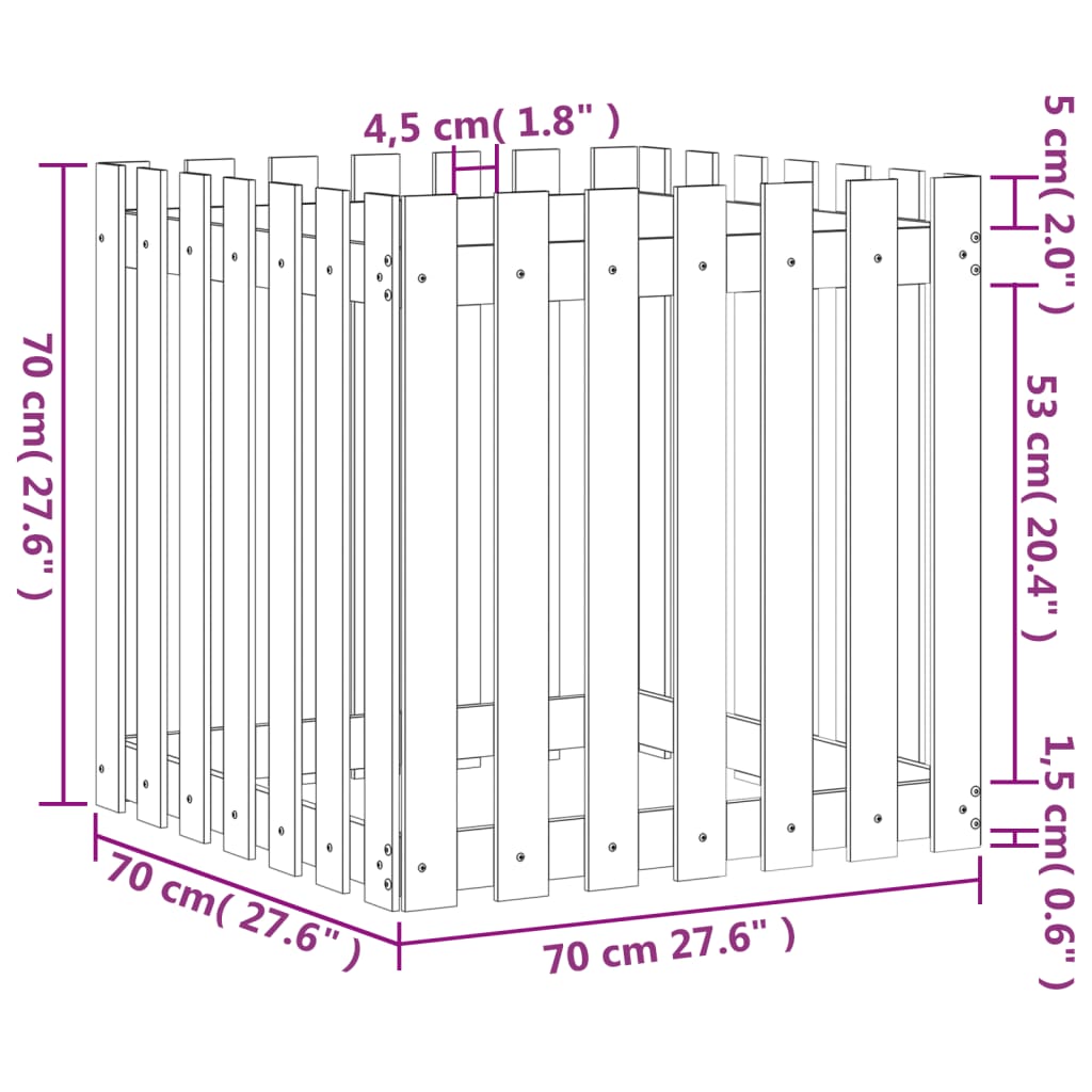 Jardinieră grădină cu design gard, 70x70x70 cm, lemn masiv pin - Lando