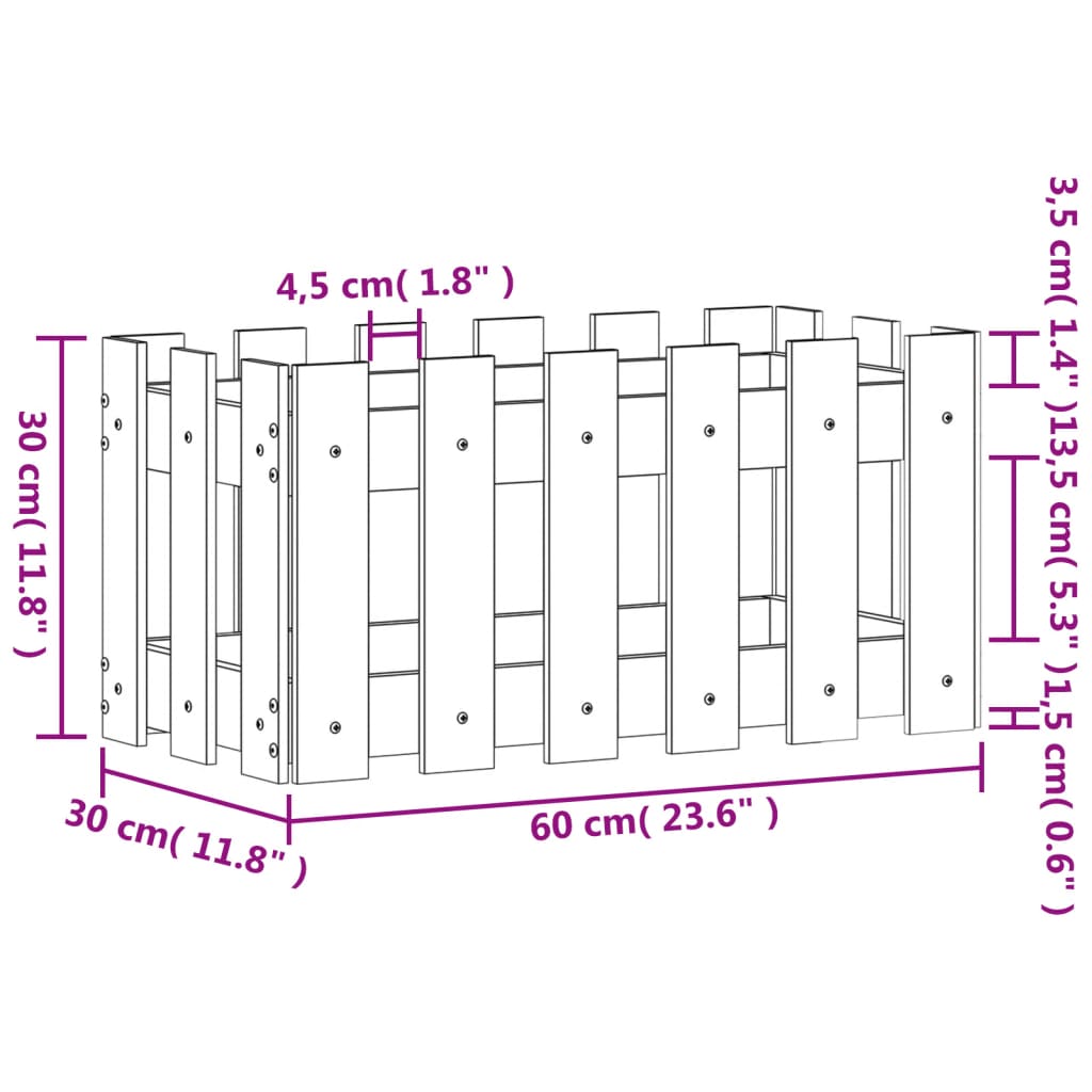 Jardinieră grădină design gard, 60x30x30 cm, lemn masiv de pin - Lando