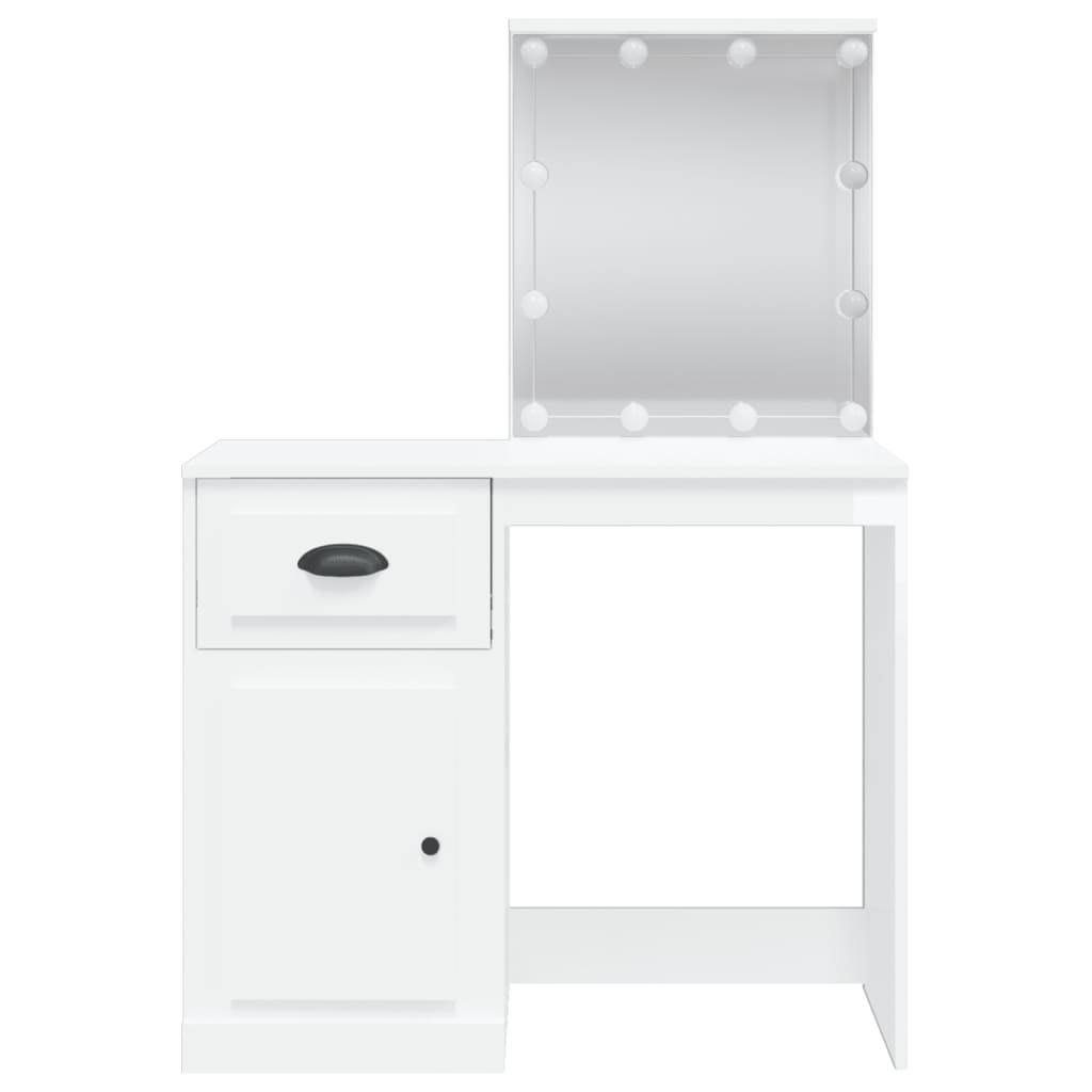 Masă de toaletă cu LED-uri, alb extralucios, 90x42x132,5 cm - Lando